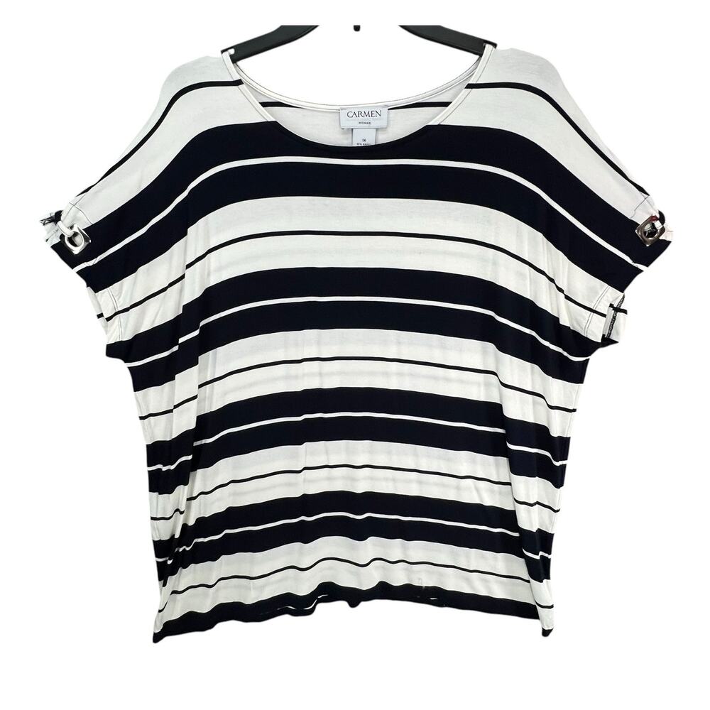 Carmen Marc Valvo Shirt Womens 1X Navy White‎ Striped Grommet Sleeve Casual Top